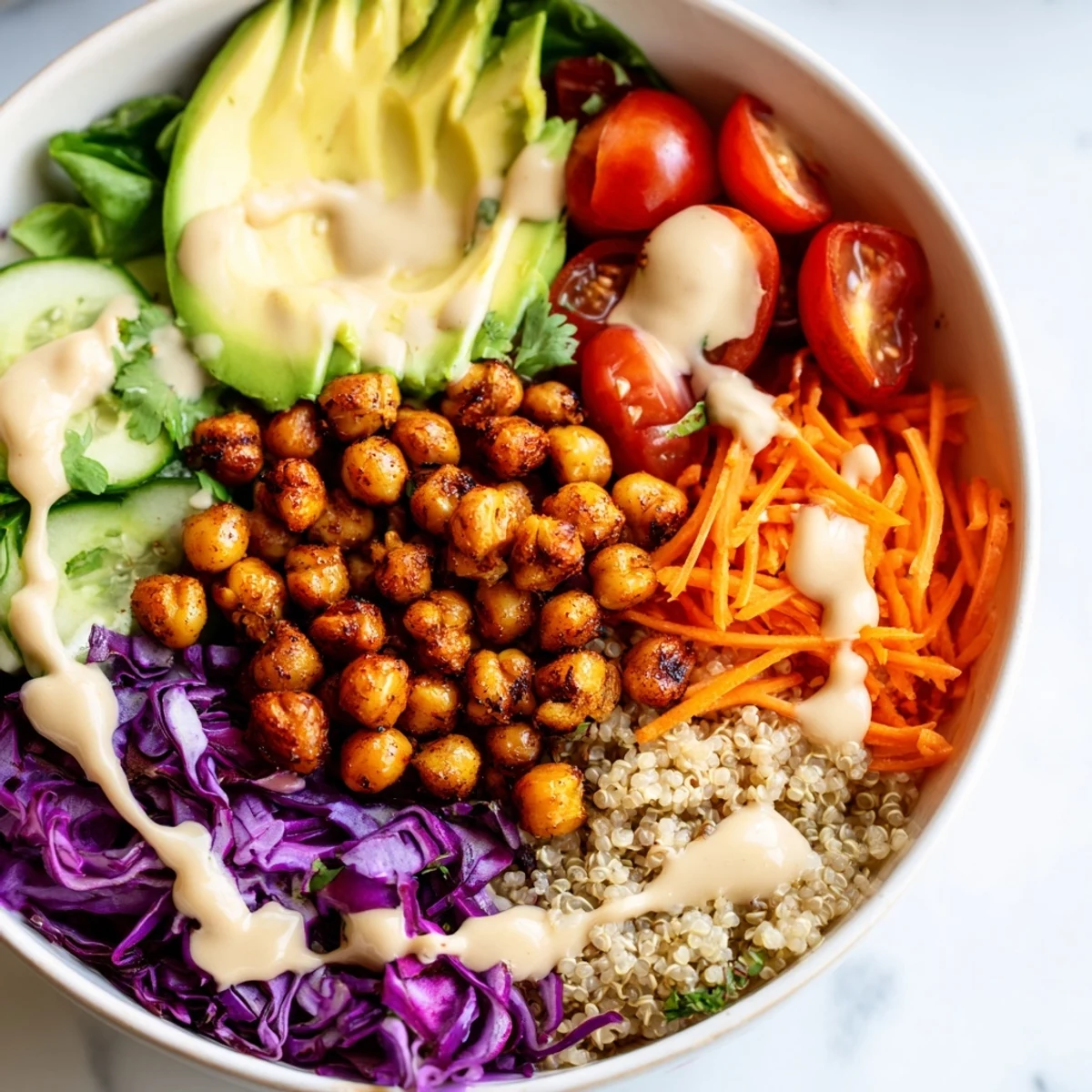 Colorful Buddha Bowl with roasted chickpeas, fresh avocado, and vibrant rainbow vegetables