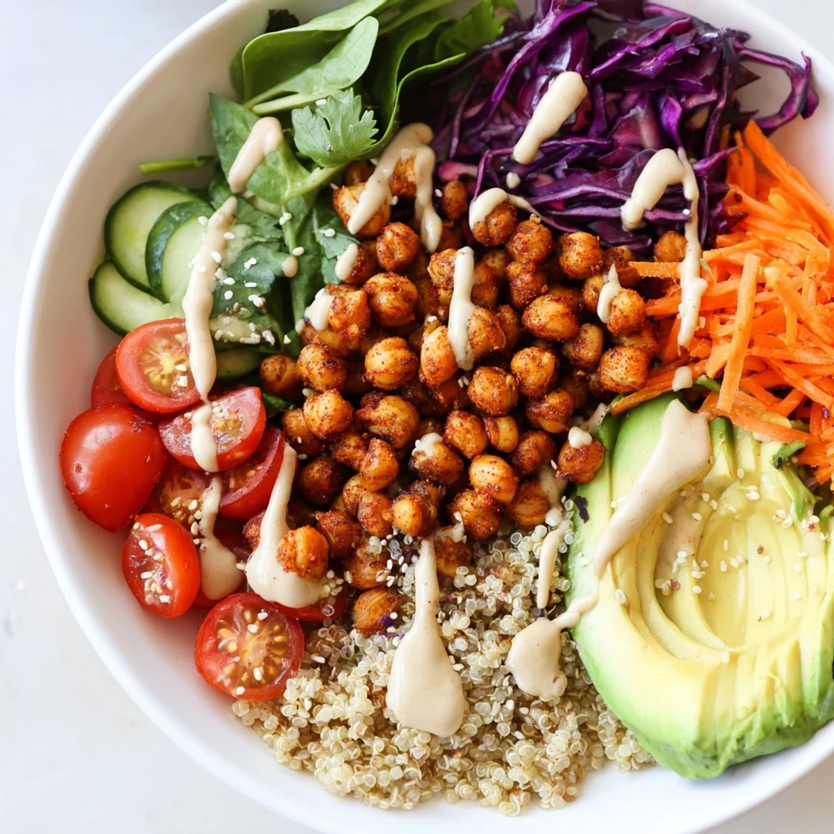 Buddha Bowl featuring fluffy quinoa, crispy spiced chickpeas, and creamy tahini dressing drizzle