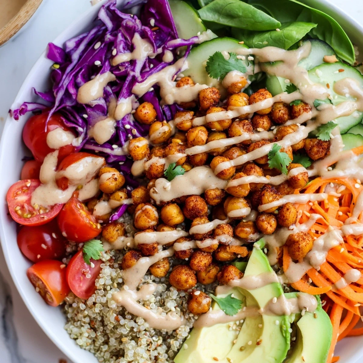 Healthy Buddha Bowl served in a white bowl with shredded red cabbage and sliced avocado