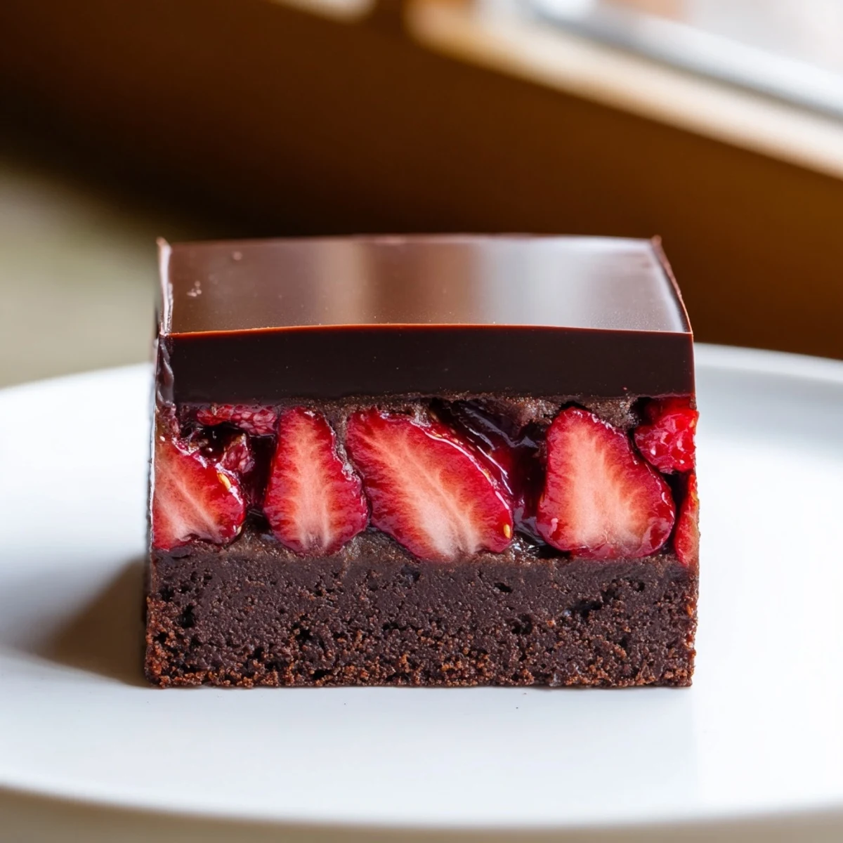 Rich chocolate covered strawberry brownies with a glossy ganache topping fresh berries