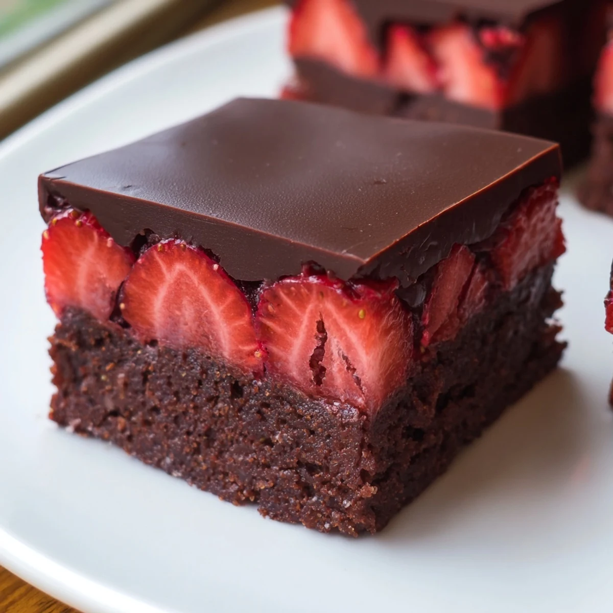 Chocolate covered strawberry brownies drizzled with smooth melted chocolate over juicy red berries