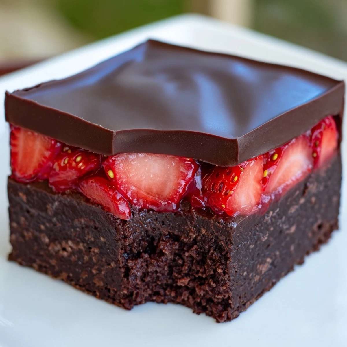 Fudgy chocolate covered strawberry brownies sliced into decadent squares with ripe strawberries
