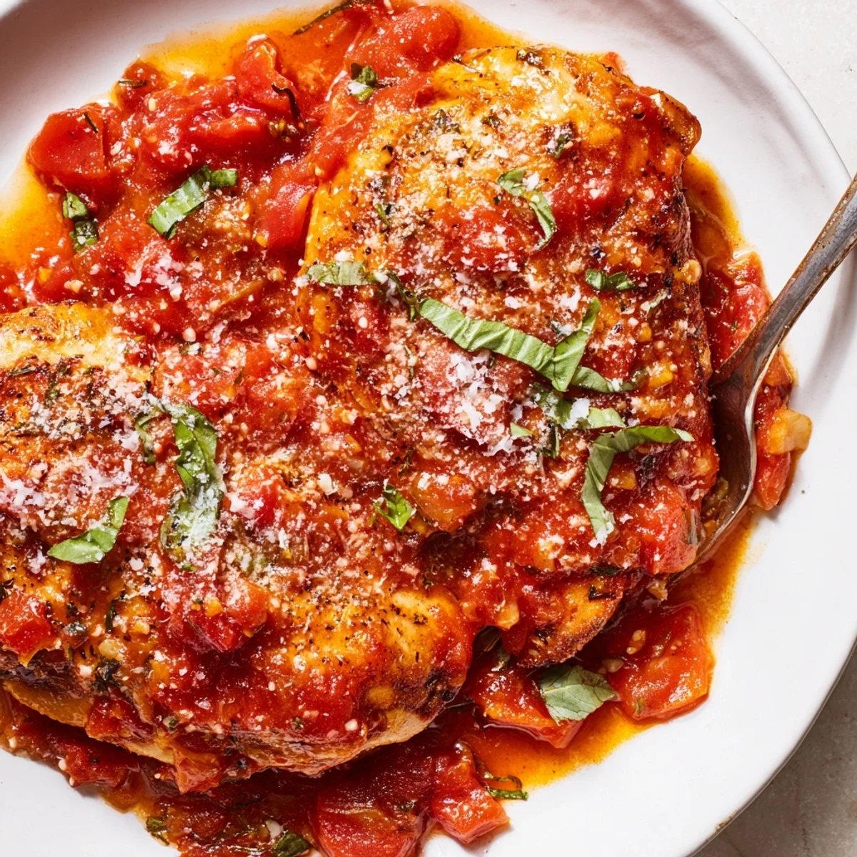 Tender Chicken Pomodoro Delight simmered in rich tomato basil sauce with melted Parmesan