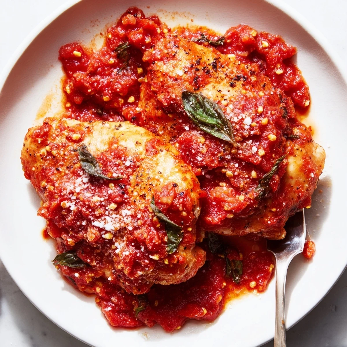Golden seared Chicken Pomodoro Delight nestled in vibrant herb-infused crushed tomato sauce