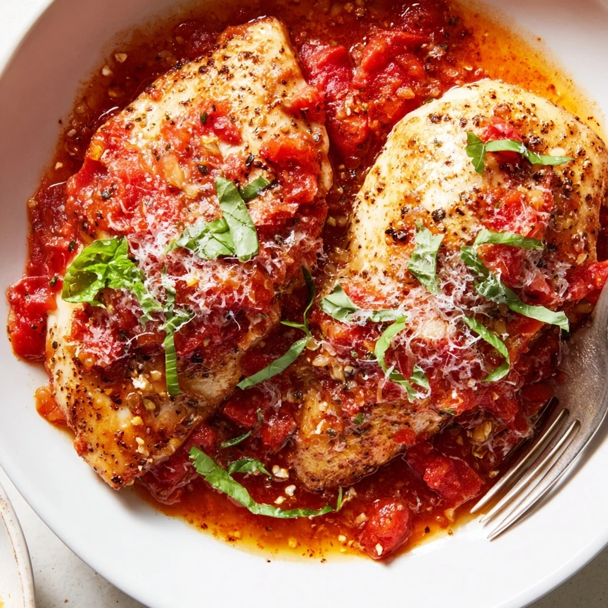 Juicy braised Chicken Pomodoro Delight topped with fresh basil and grated Parmesan cheese