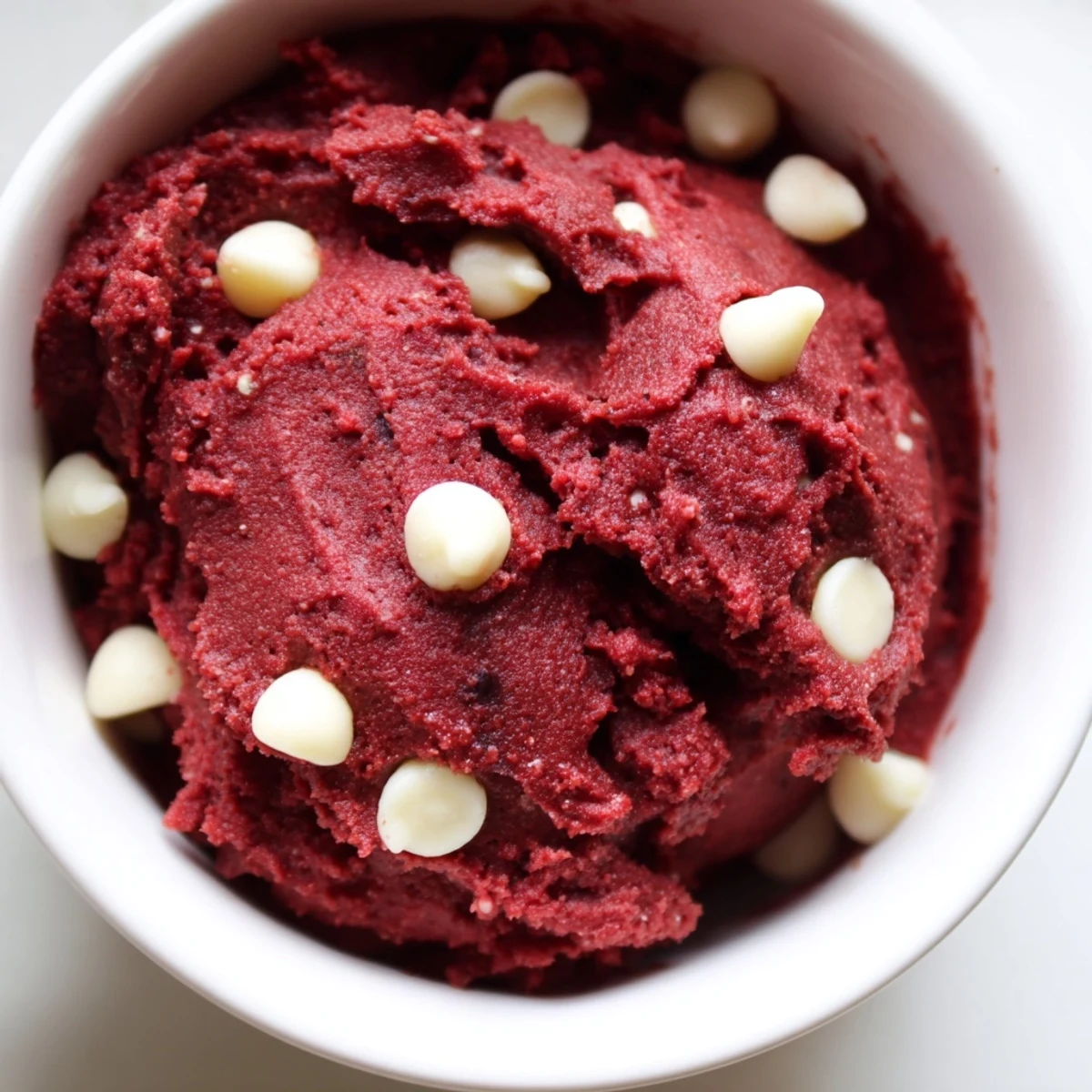 Bright red edible red velvet cookie dough scooped into rustic mason jars