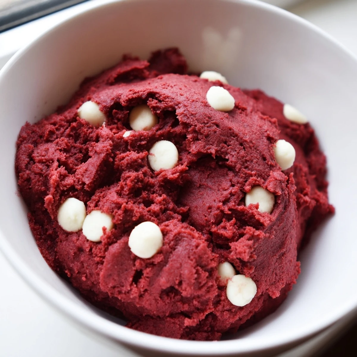 Creamy edible red velvet cookie dough studded with white chocolate chips in a bowl