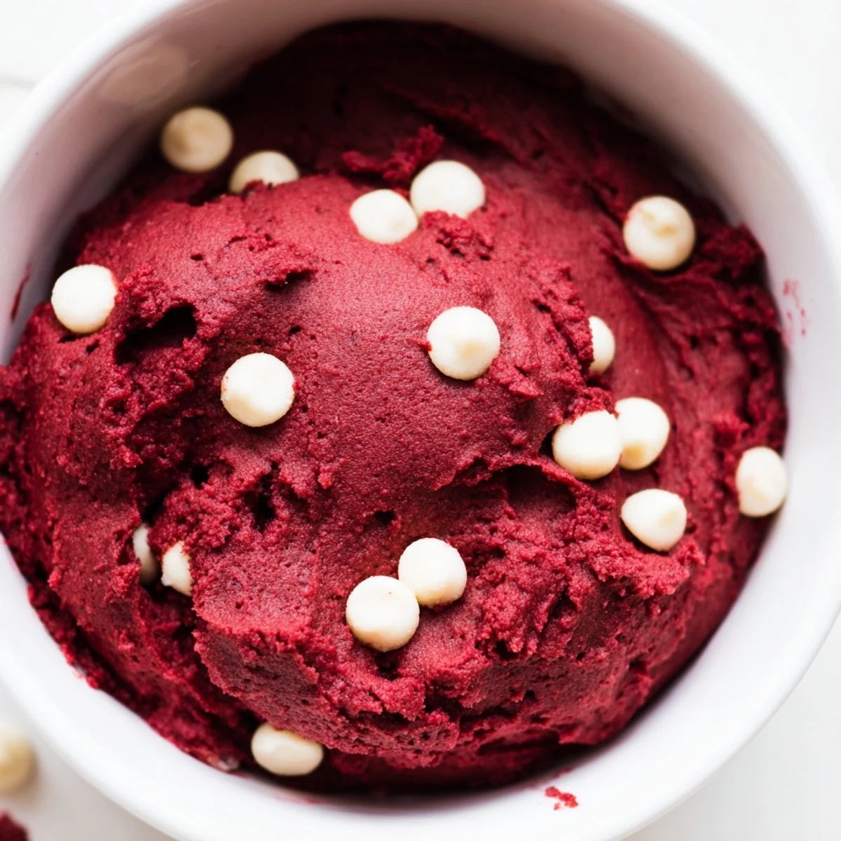 Spoonfuls of rich edible red velvet cookie dough topped with mini marshmallows