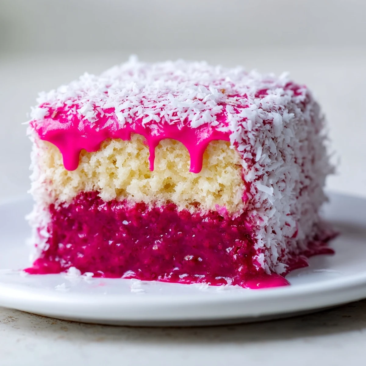 Pink raspberry lamingtons coated in flaky coconut on a rustic serving board