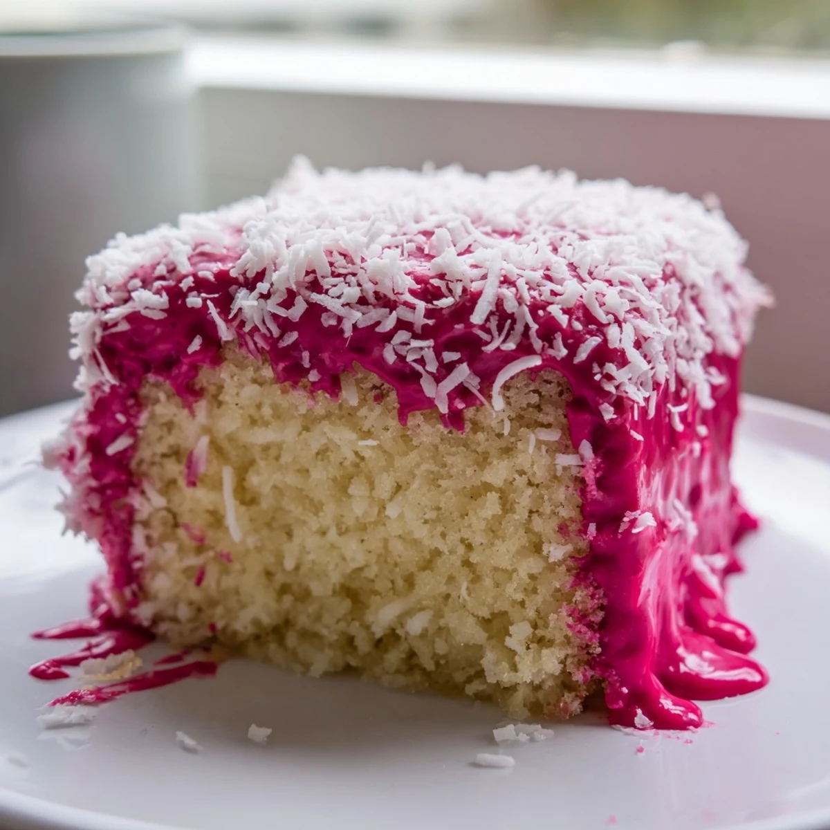 Fluffy sponge cake squares dipped in bright raspberry glaze topped with coconut
