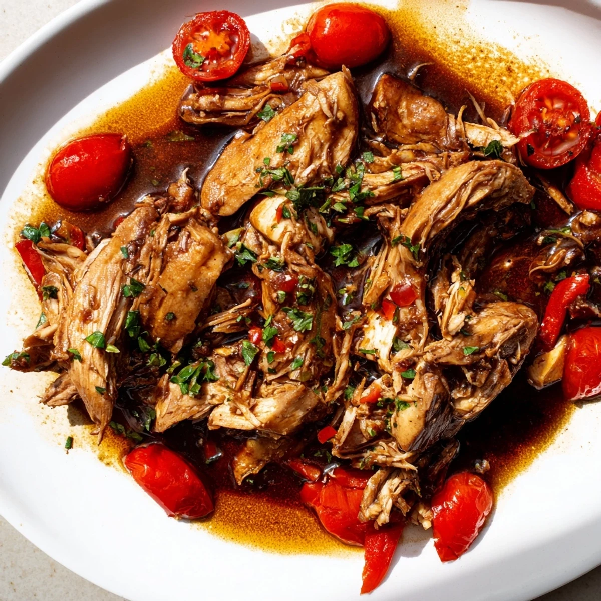 Tender slow cooker balsamic chicken glistening with a rich, tangy glaze alongside colorful bell peppers and cherry tomatoes.