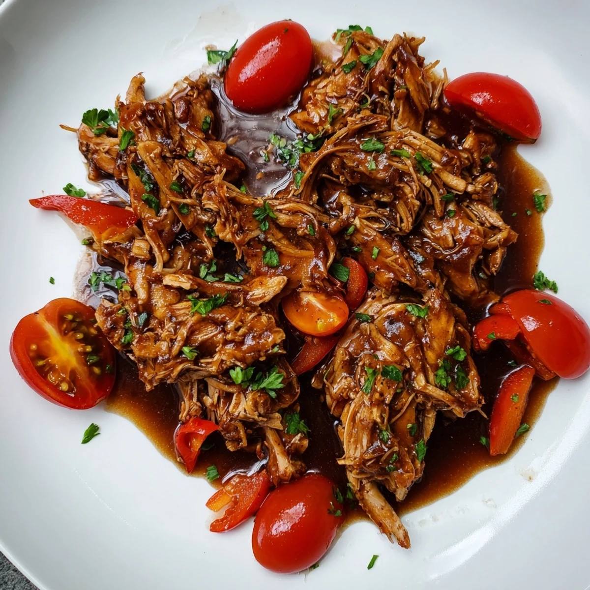 Spoonfuls of slow cooker balsamic chicken coated in a glossy, aromatic sauce served over fluffy white rice.