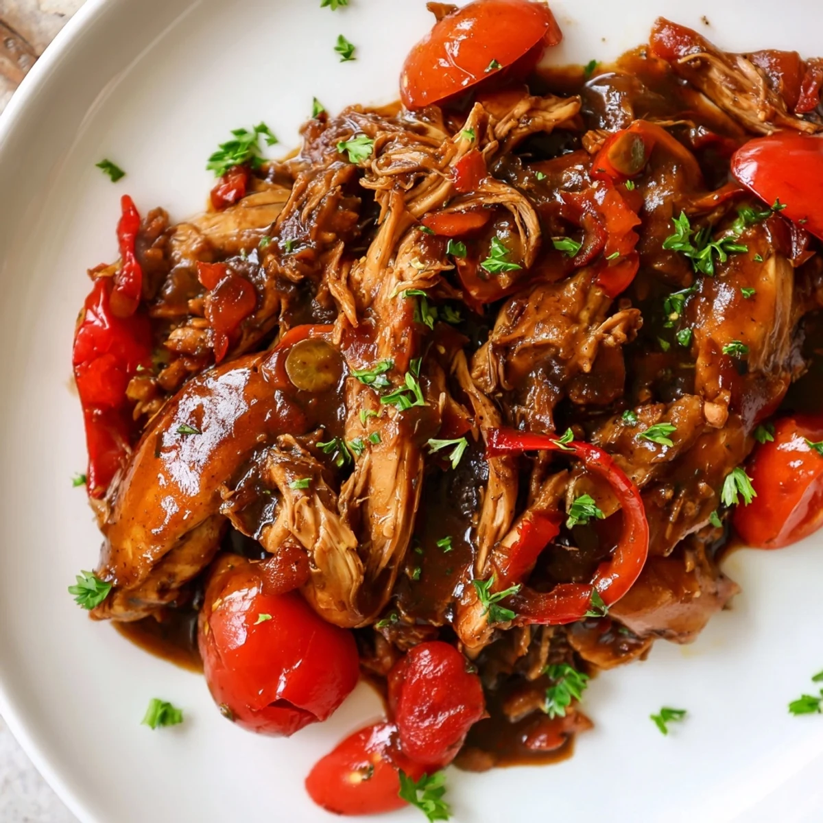 Juicy slow cooker balsamic chicken nestled in a dark, savory-sweet sauce with tender vegetables and fresh parsley garnish.