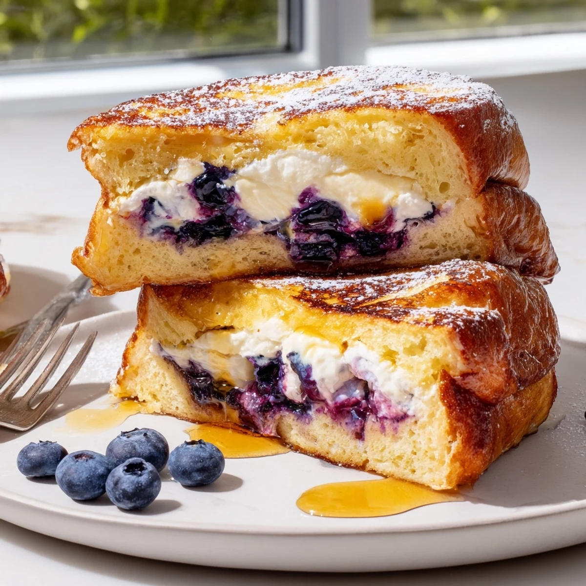 Golden-fried blueberry cheesecake stuffed French toast dusted with powdered sugar on a white plate