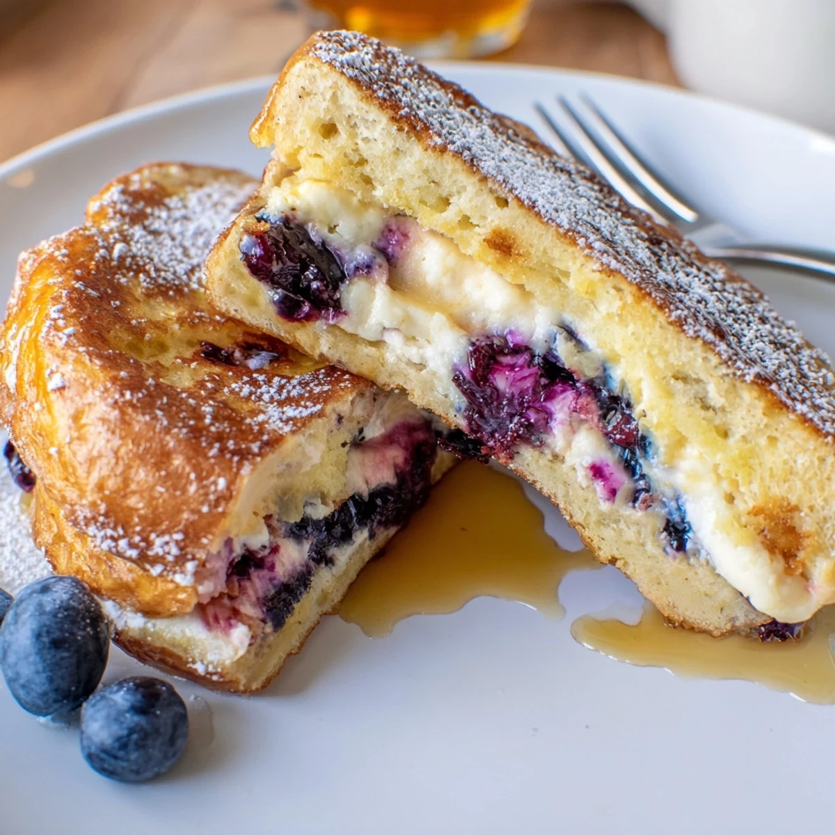 Thick brioche blueberry cheesecake stuffed French toast sliced open showing rich velvety filling