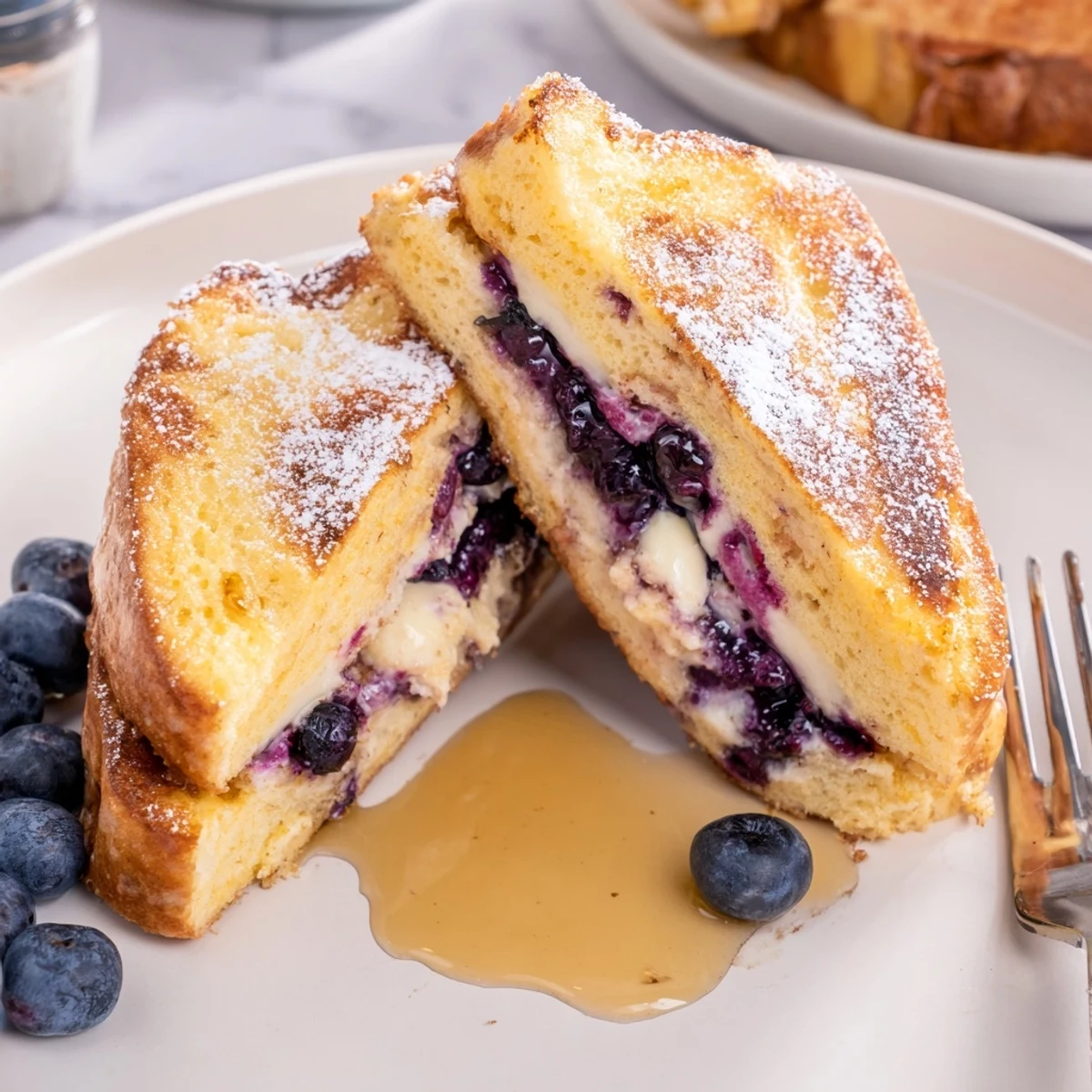 Creamy blueberry cheesecake stuffed French toast glistening with maple syrup and fresh berries