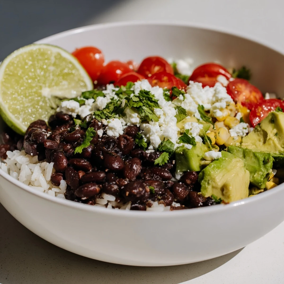 Hearty black bean and rice bowl topped with fresh avocado and bright lime wedges