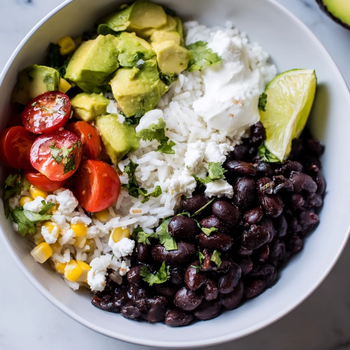 Warm black bean and rice bowl loaded with colorful tomatoes, corn, and cilantro