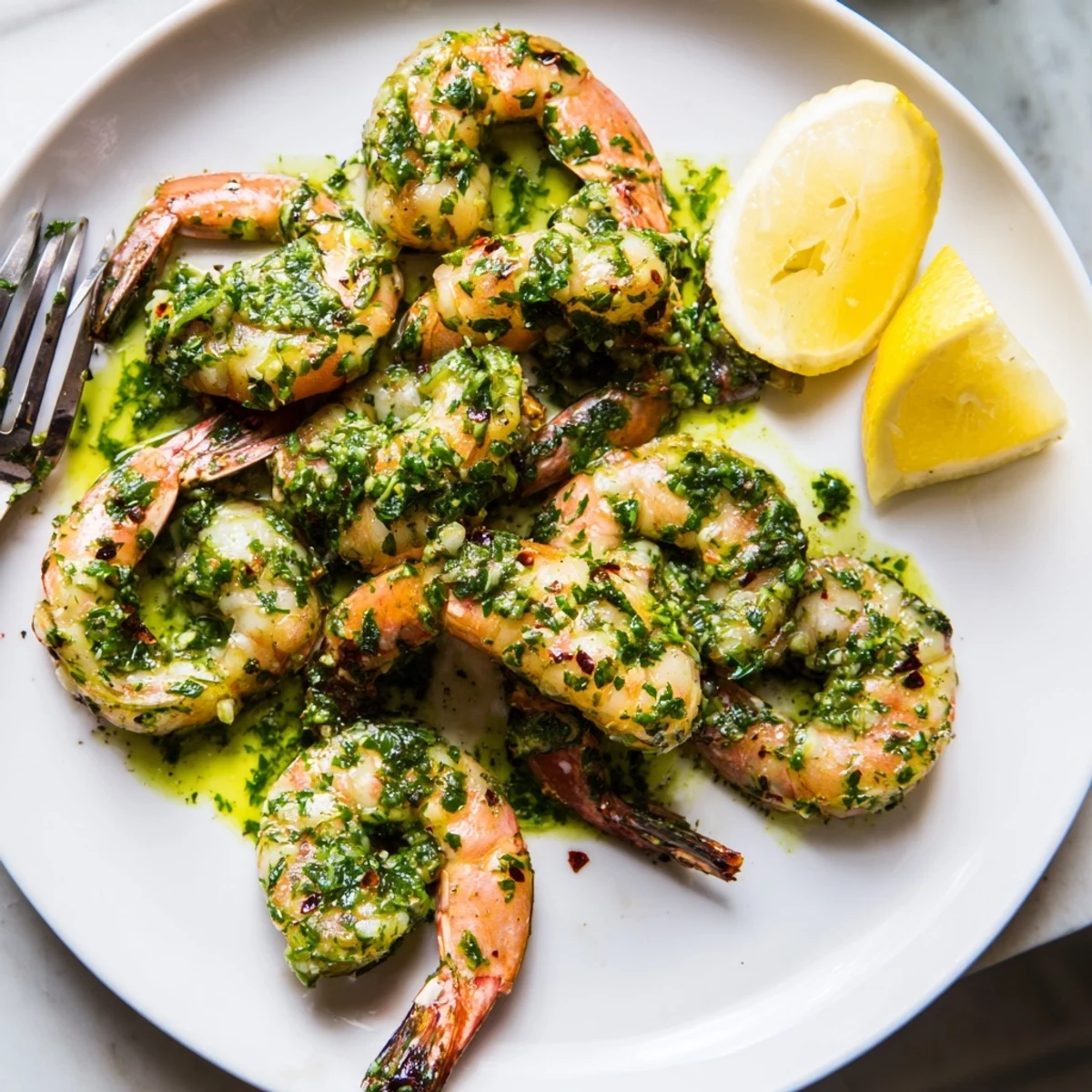 Chimichurri shrimp sizzling in a skillet with bright green herb sauce