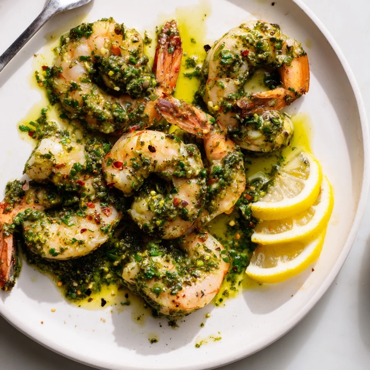 Golden grilled chimichurri shrimp draped in vibrant parsley cilantro marinade