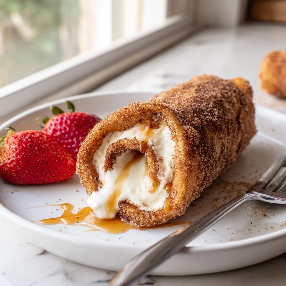 Golden crispy cheesecake chimichangas coated in cinnamon sugar on a rustic plate