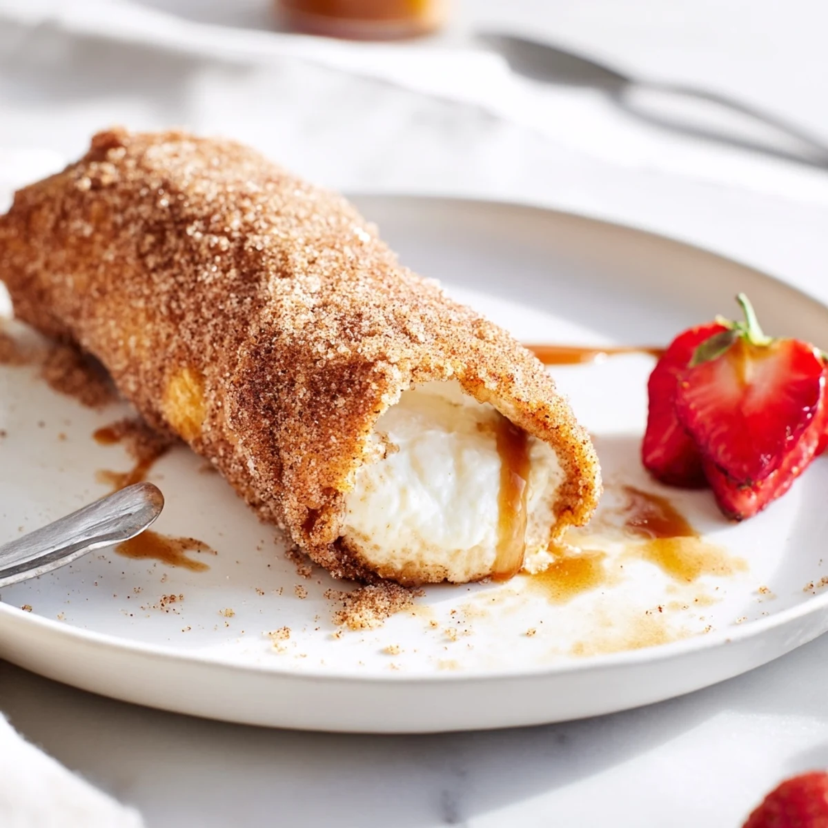 Crispy fried cheesecake chimichangas dusted with cinnamon sugar served warm alongside espresso
