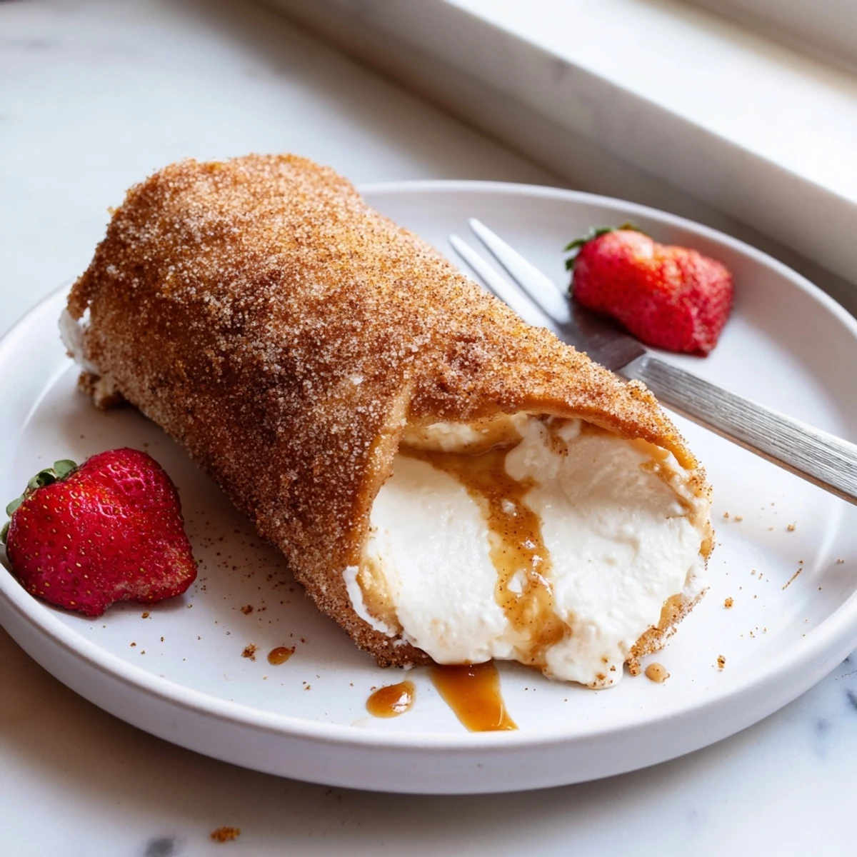 Creamy cheesecake chimichangas drizzled with caramel sauce and topped with fresh berries