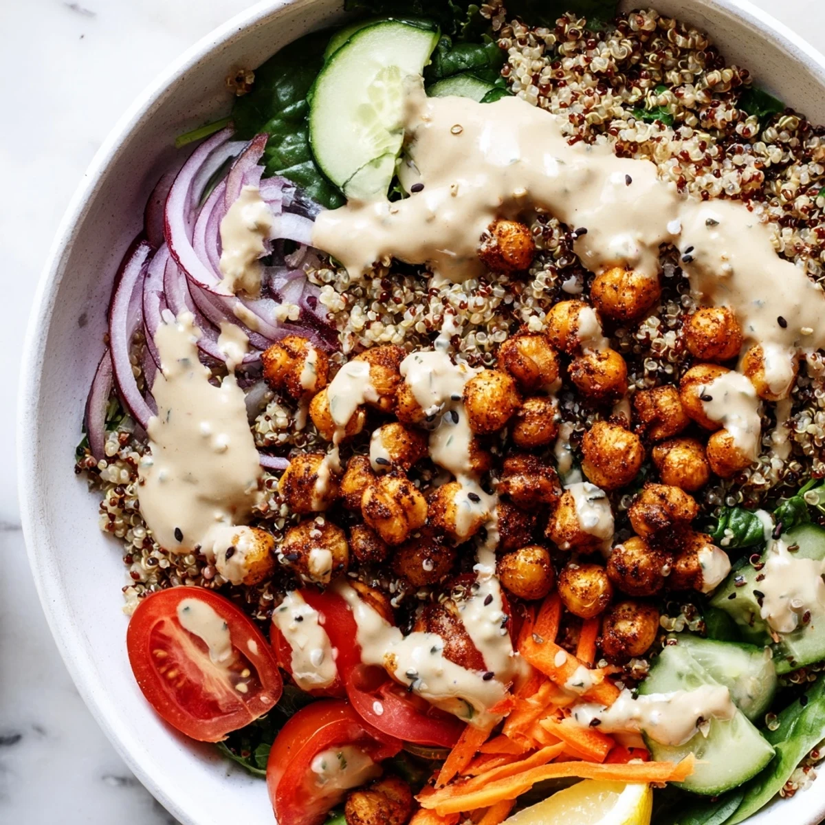 Colorful quinoa chickpea bowl with roasted chickpeas, fresh vegetables, and creamy tahini dressing