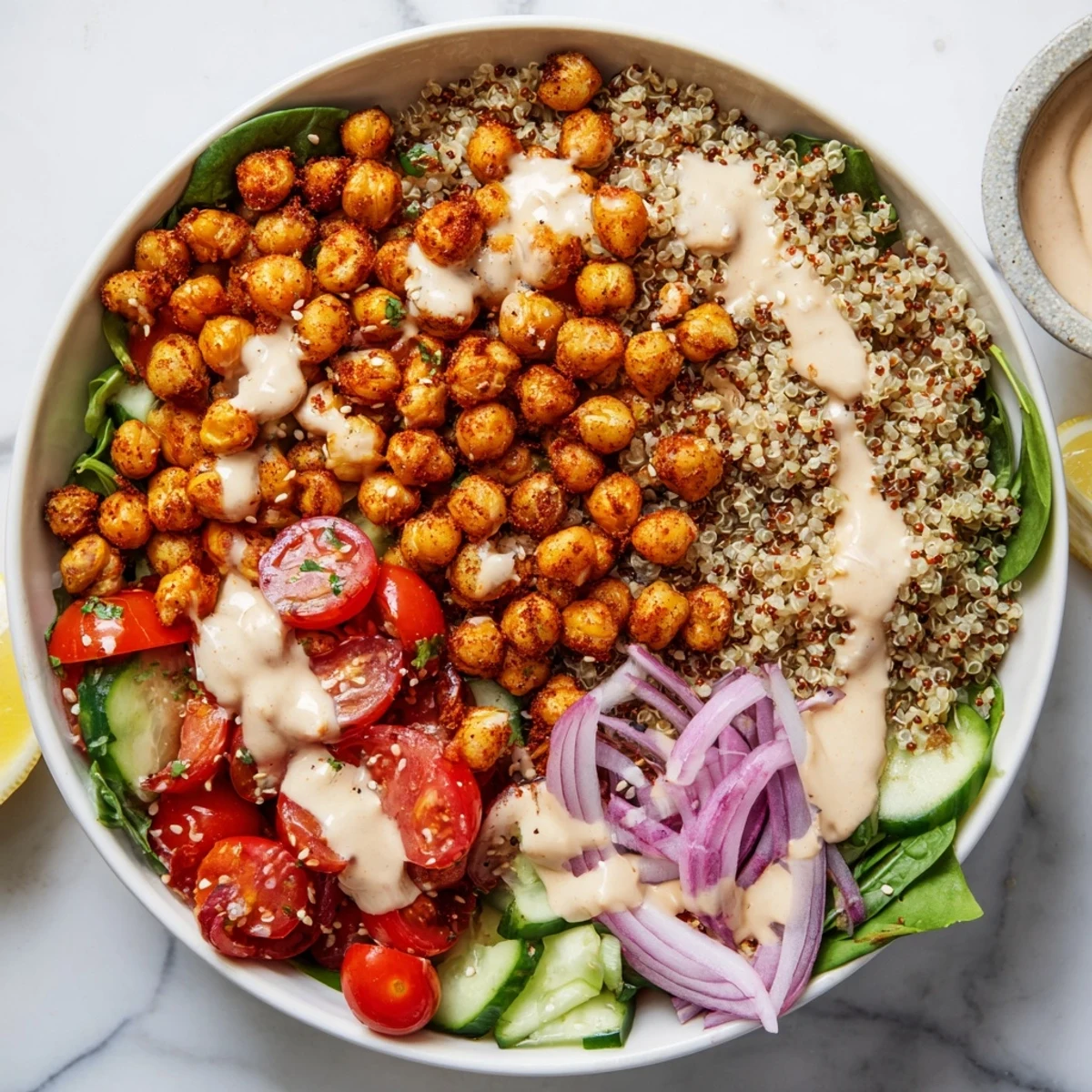 Fluffy quinoa chickpea bowl topped with crispy spiced legumes, bright greens, and lemon wedges