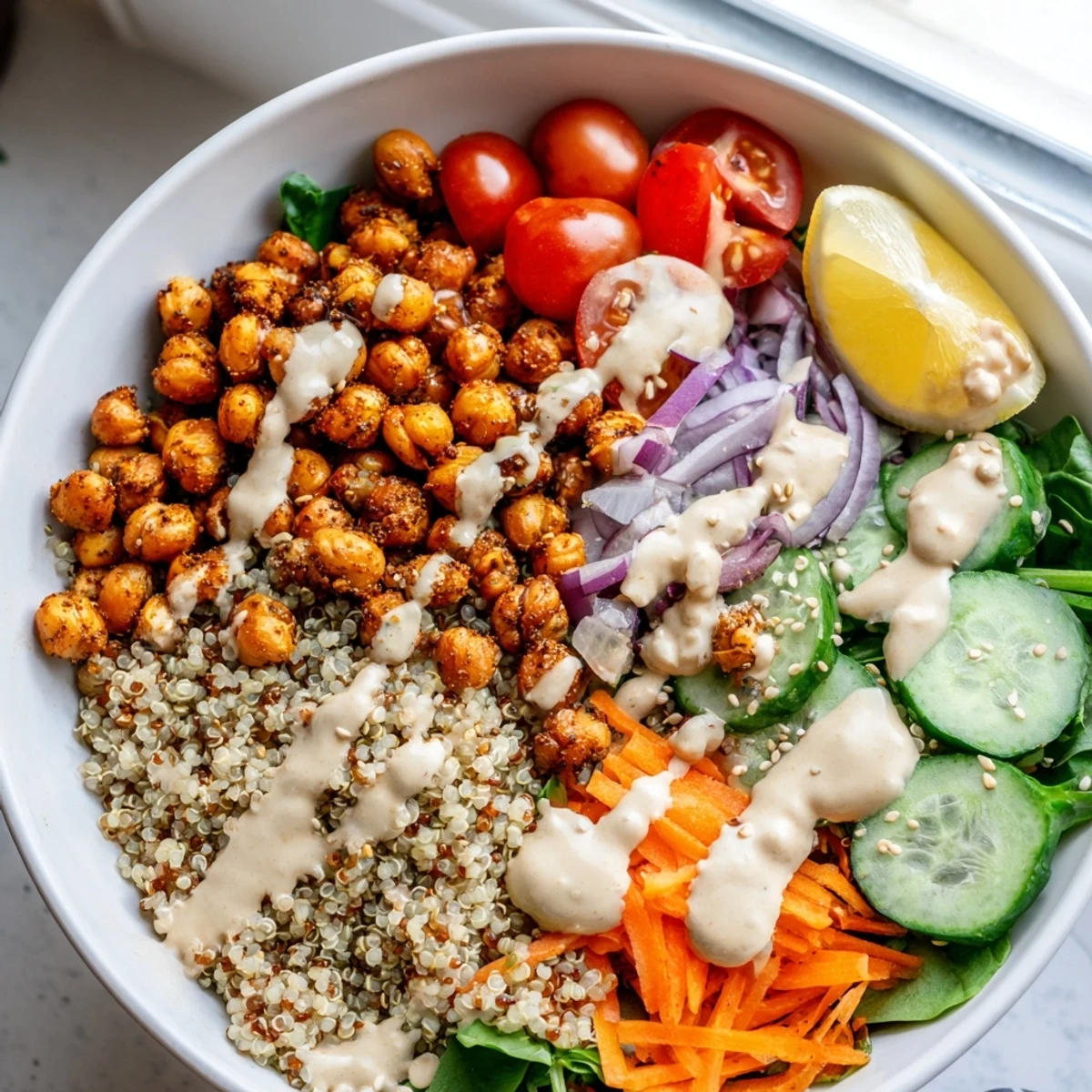 Vibrant quinoa chickpea bowl drizzled with zesty lemon-tahini sauce over crunchy fresh vegetables