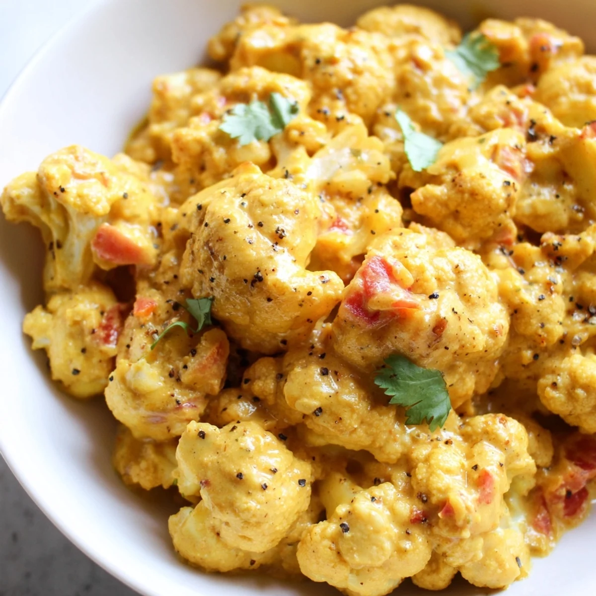 Creamy Greek Yogurt Cauliflower Curry garnished with fresh cilantro in a rustic bowl