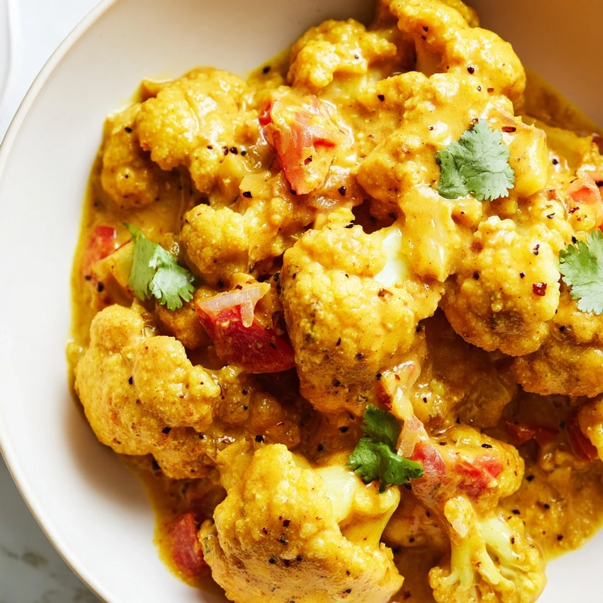 Golden tender cauliflower florets coated in a spiced Greek Yogurt Cauliflower Curry sauce