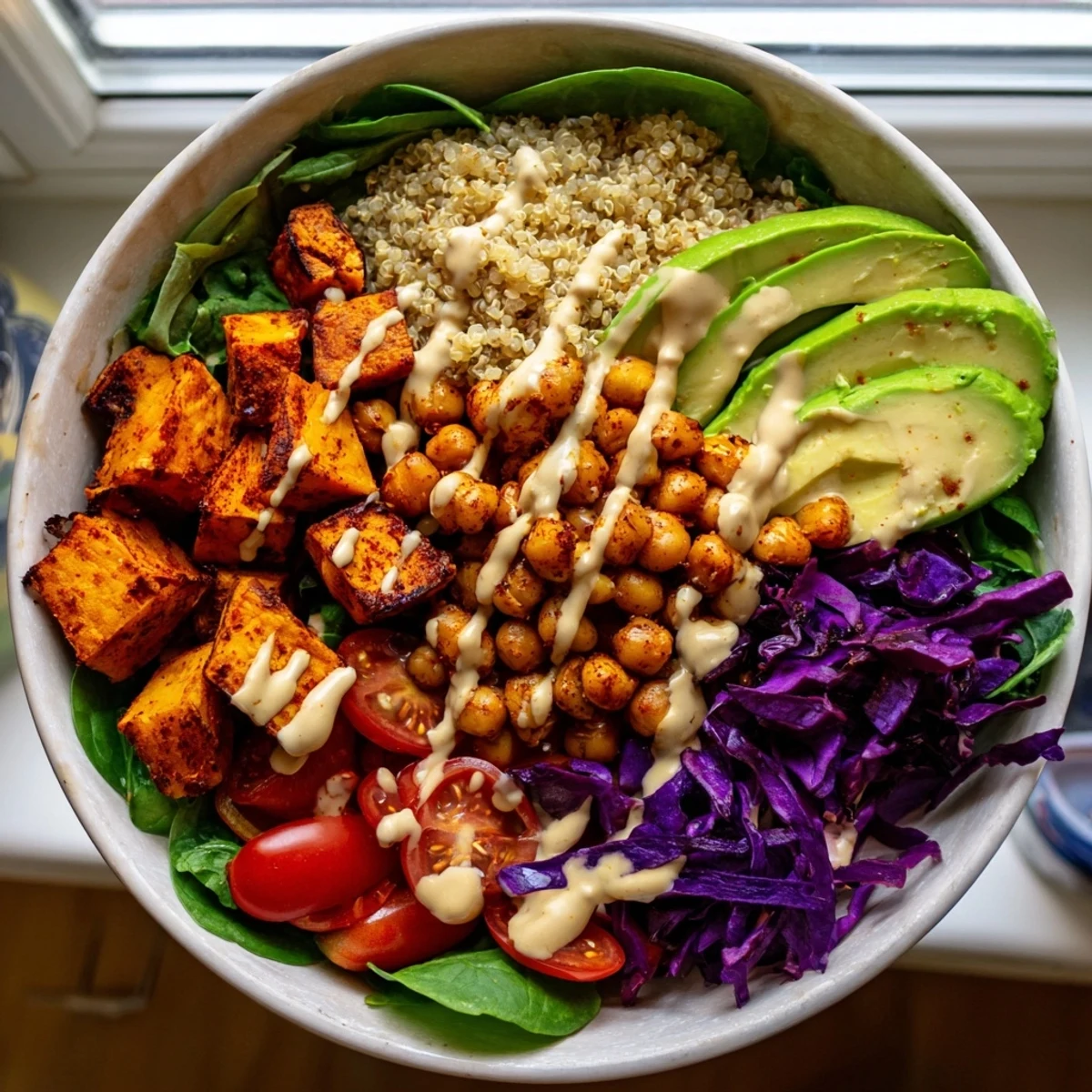 Colorful sweet potato bowl with roasted chickpeas, avocado, and creamy tahini drizzle