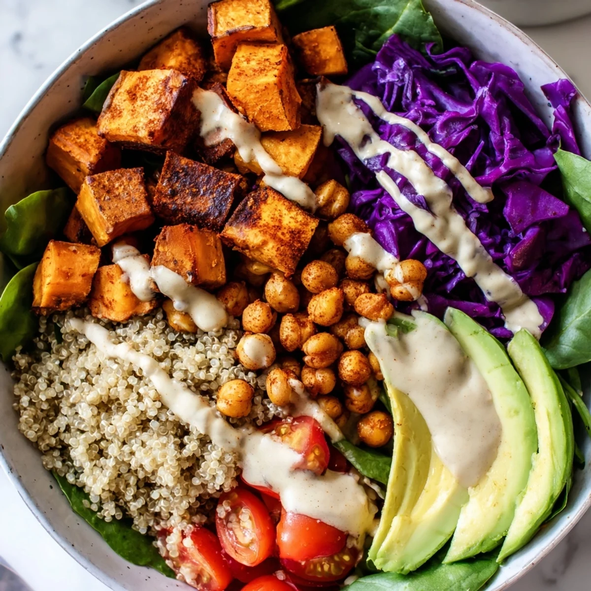 Golden roasted sweet potato bowl served over fresh spinach with tangy dressing