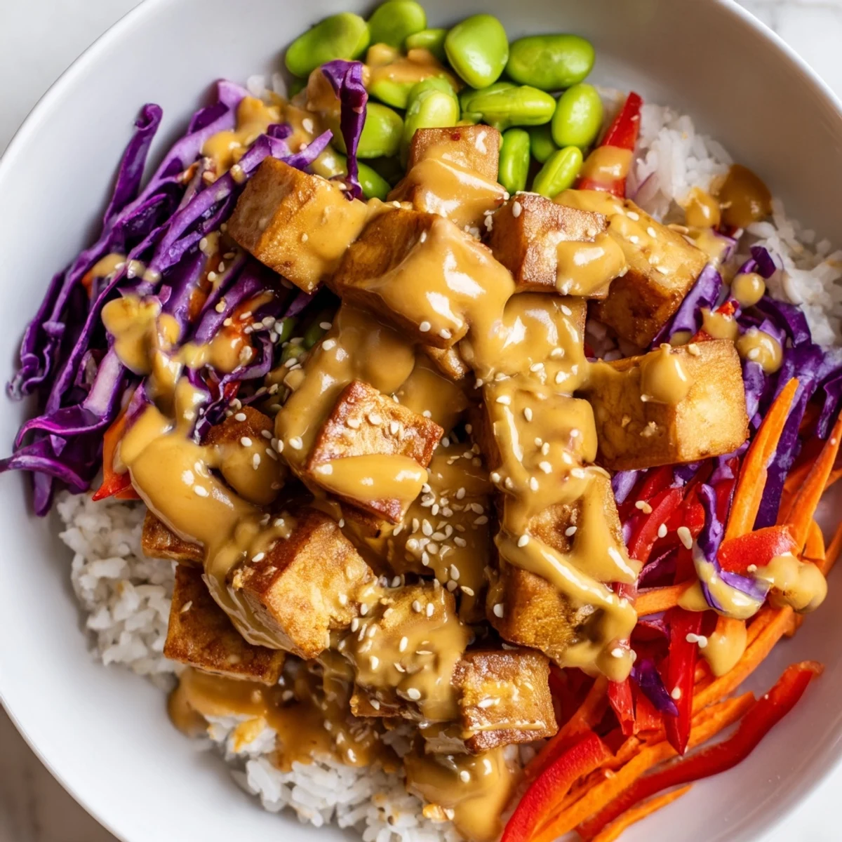 Crispy golden tofu rice bowl with peanut sauce drizzled over colorful fresh vegetables