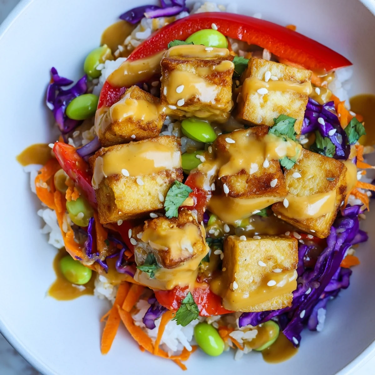 Tofu rice bowl with peanut sauce featuring vibrant cabbage, carrot, and edamame garnished with sesame seeds