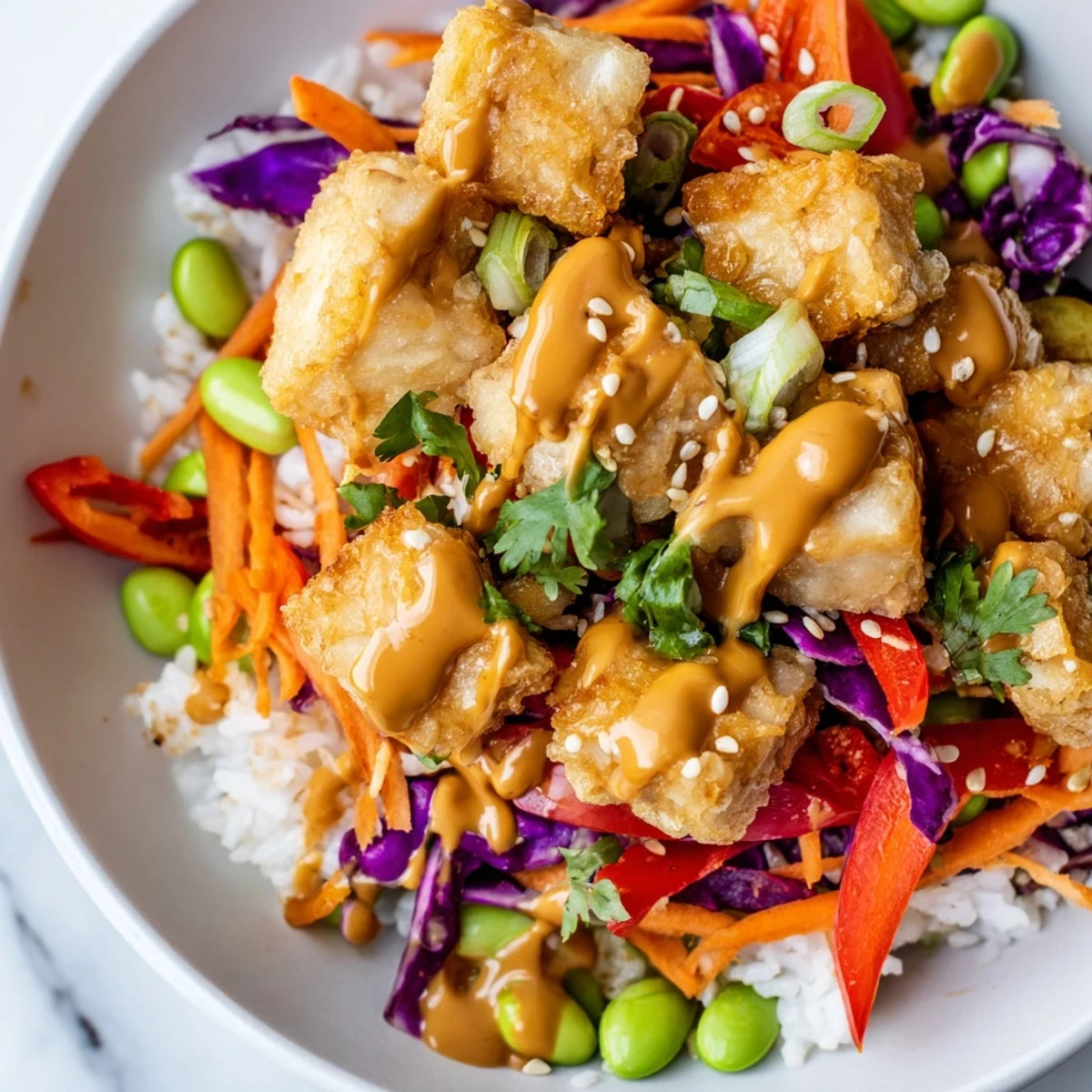 Tofu Rice Bowl Peanut Sauce