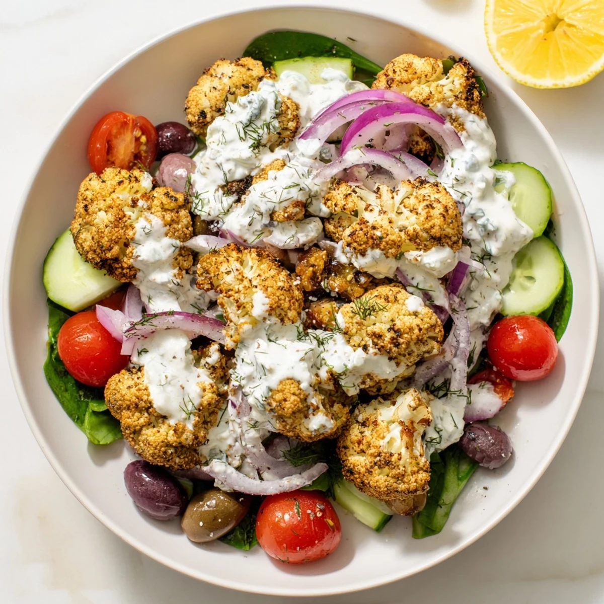 Golden roasted cauliflower nestled with fresh vegetables and tangy feta in this vibrant Greek Cauliflower Bowl