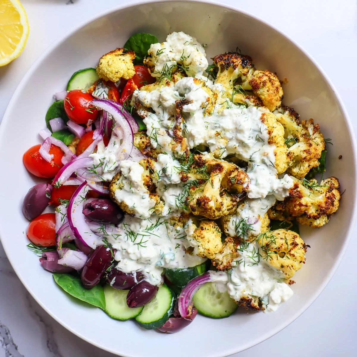 Warm spiced cauliflower florets served over crisp greens with creamy tzatziki drizzle in a colorful Greek Cauliflower Bowl
