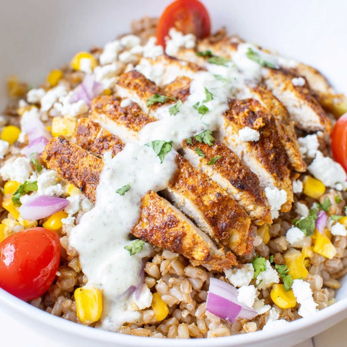 Colorful Mexican chicken grain bowl topped with fresh avocado, corn, and zesty lime crema drizzle