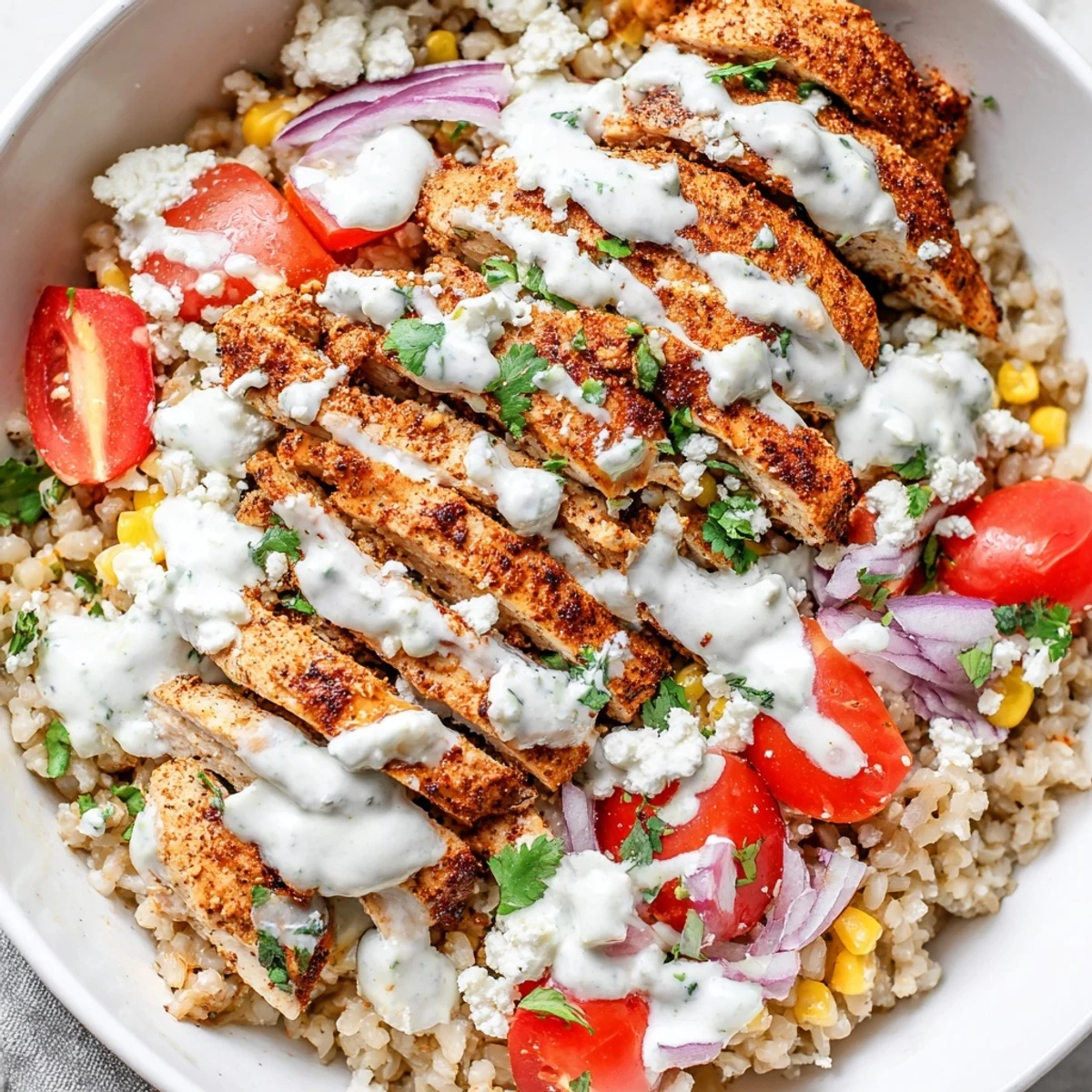 Spiced chicken strips nestled over brown rice with black beans, tomatoes, and crumbled cotija cheese