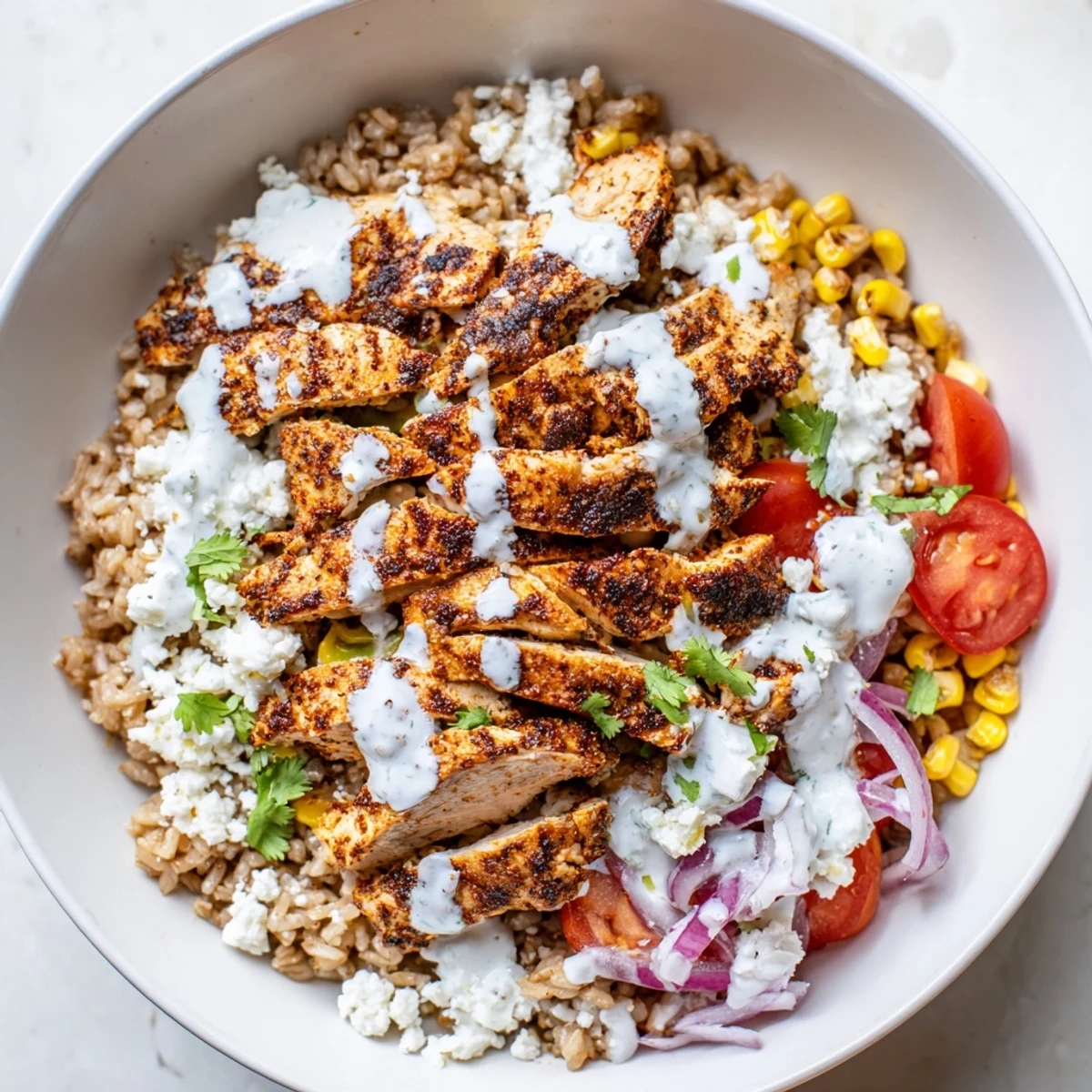Vibrant Mexican chicken grain bowl showcasing seasoned peppers, creamy avocado slices, and bright cilantro garnish