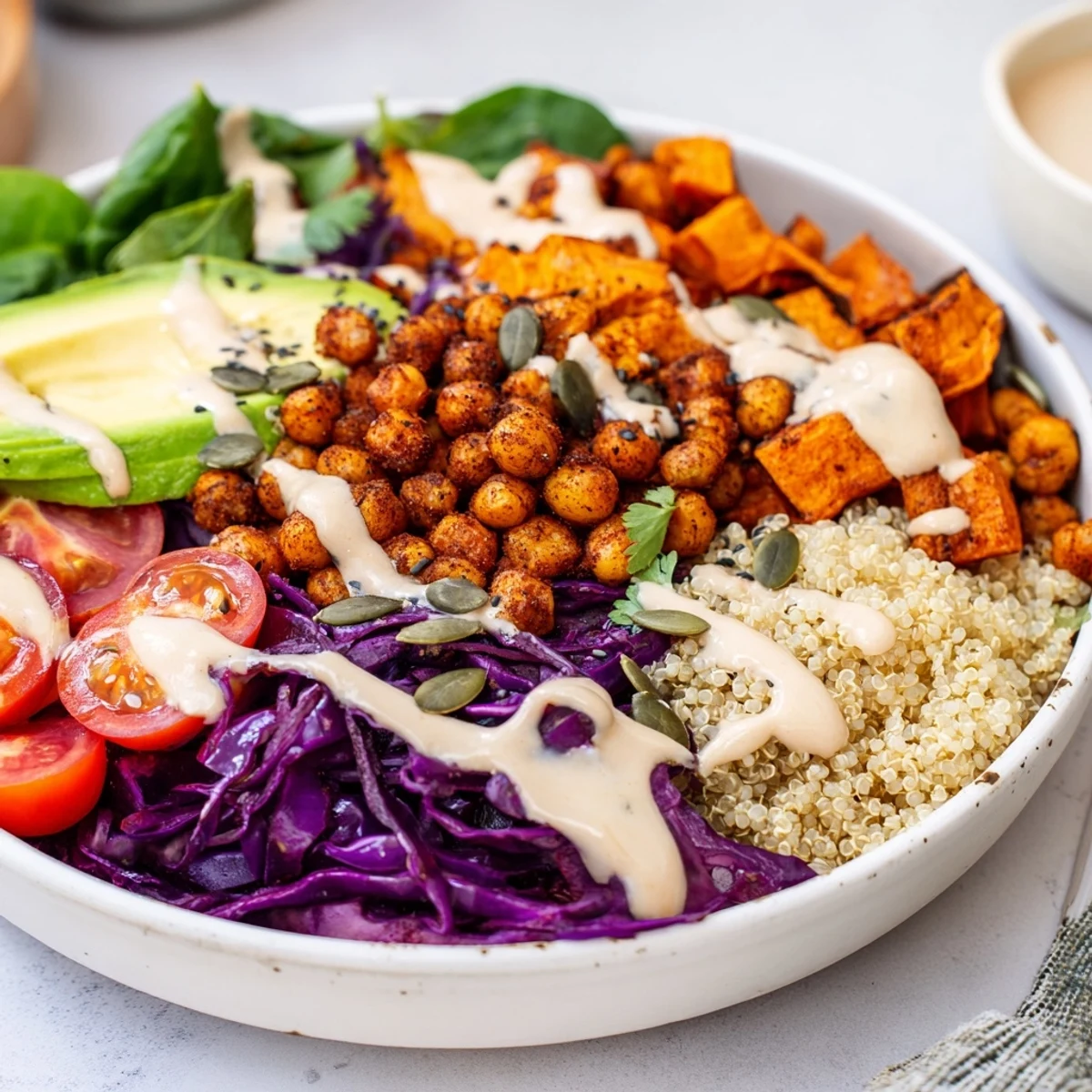 Colorful Buddha Bowl with roasted sweet potato, crispy chickpeas, and creamy tahini dressing
