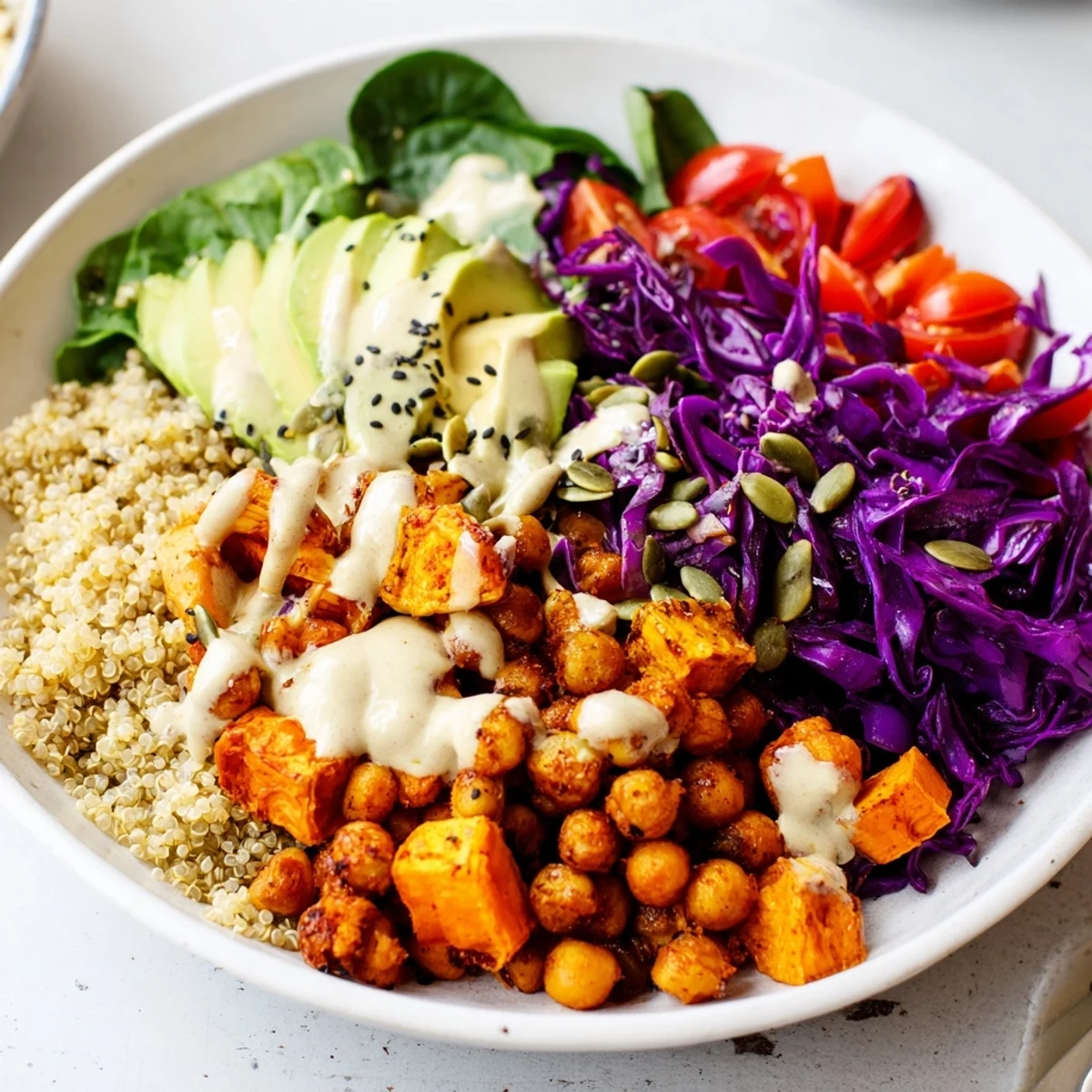 Vibrant Buddha Bowl featuring spiced chickpeas, golden sweet potatoes, and fresh sliced avocado