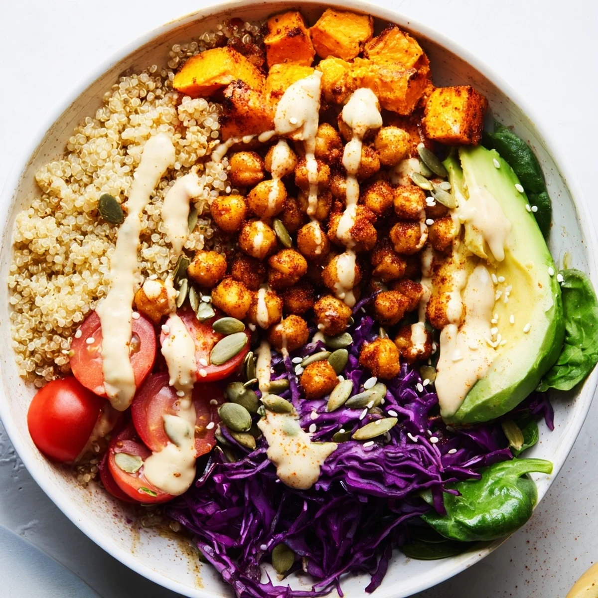 Nourishing Buddha Bowl topped with rainbow vegetables, toasted seeds, and drizzled tahini sauce