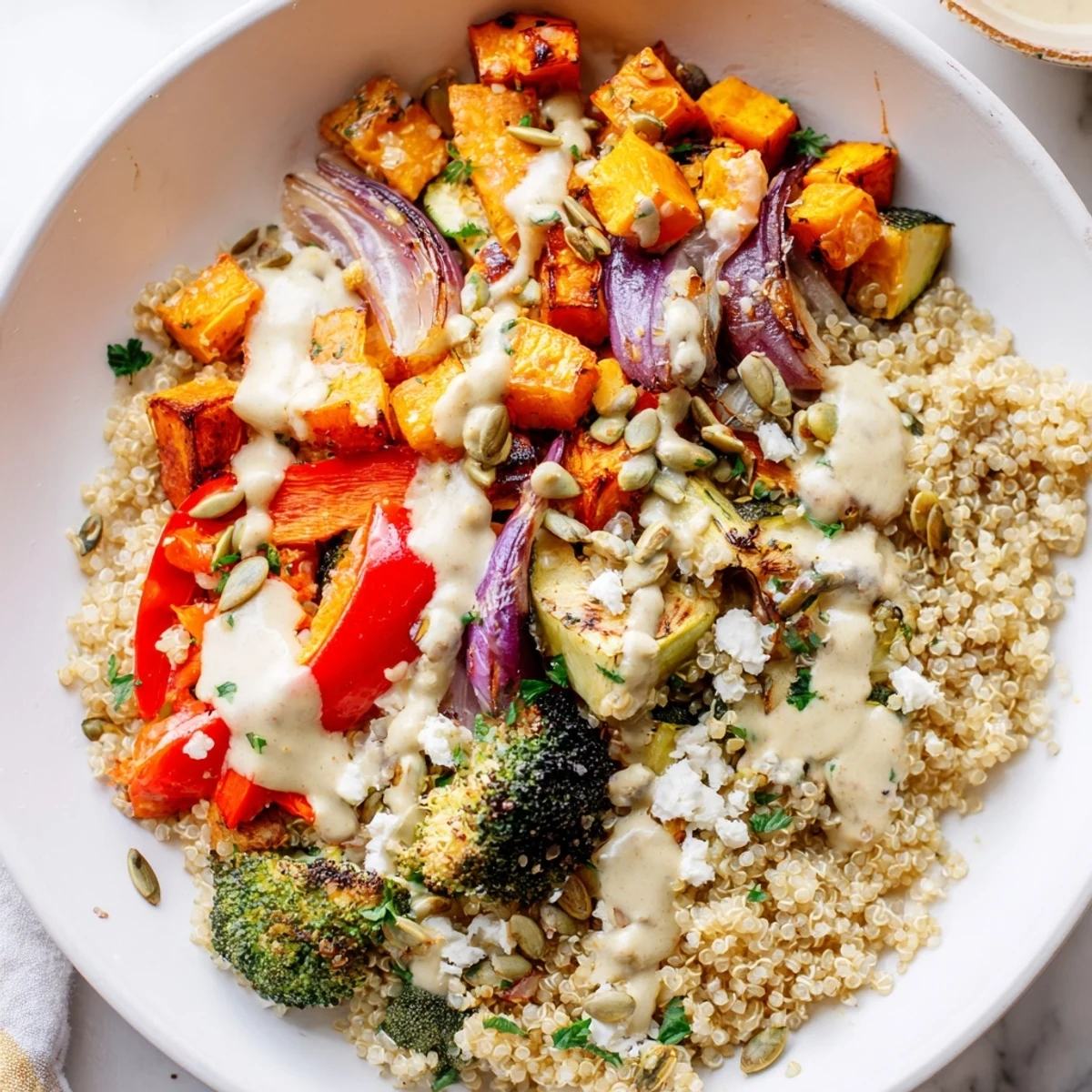 Colorful grain bowl with roasted sweet potatoes, broccoli, and creamy tahini dressing