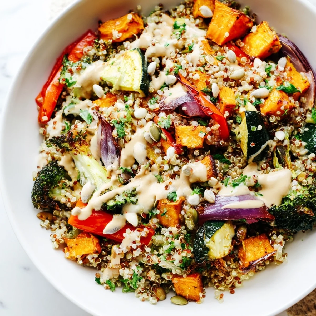 Hearty grain bowl featuring golden roasted vegetables drizzled with zesty tahini sauce
