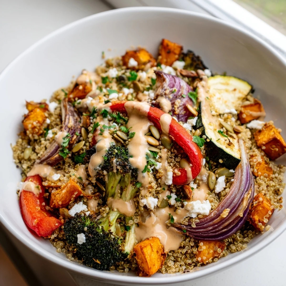 Vibrant roasted vegetable grain bowl topped with pumpkin seeds and fresh herbs