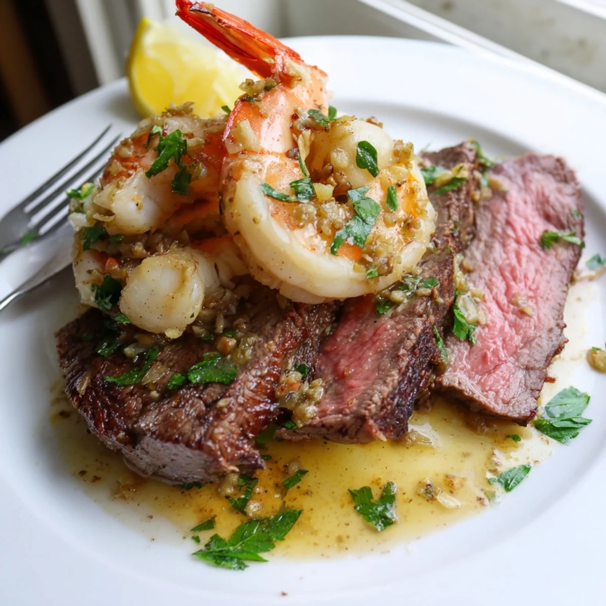 Steak and garlic butter shrimp plated on a white dish with lemon wedges