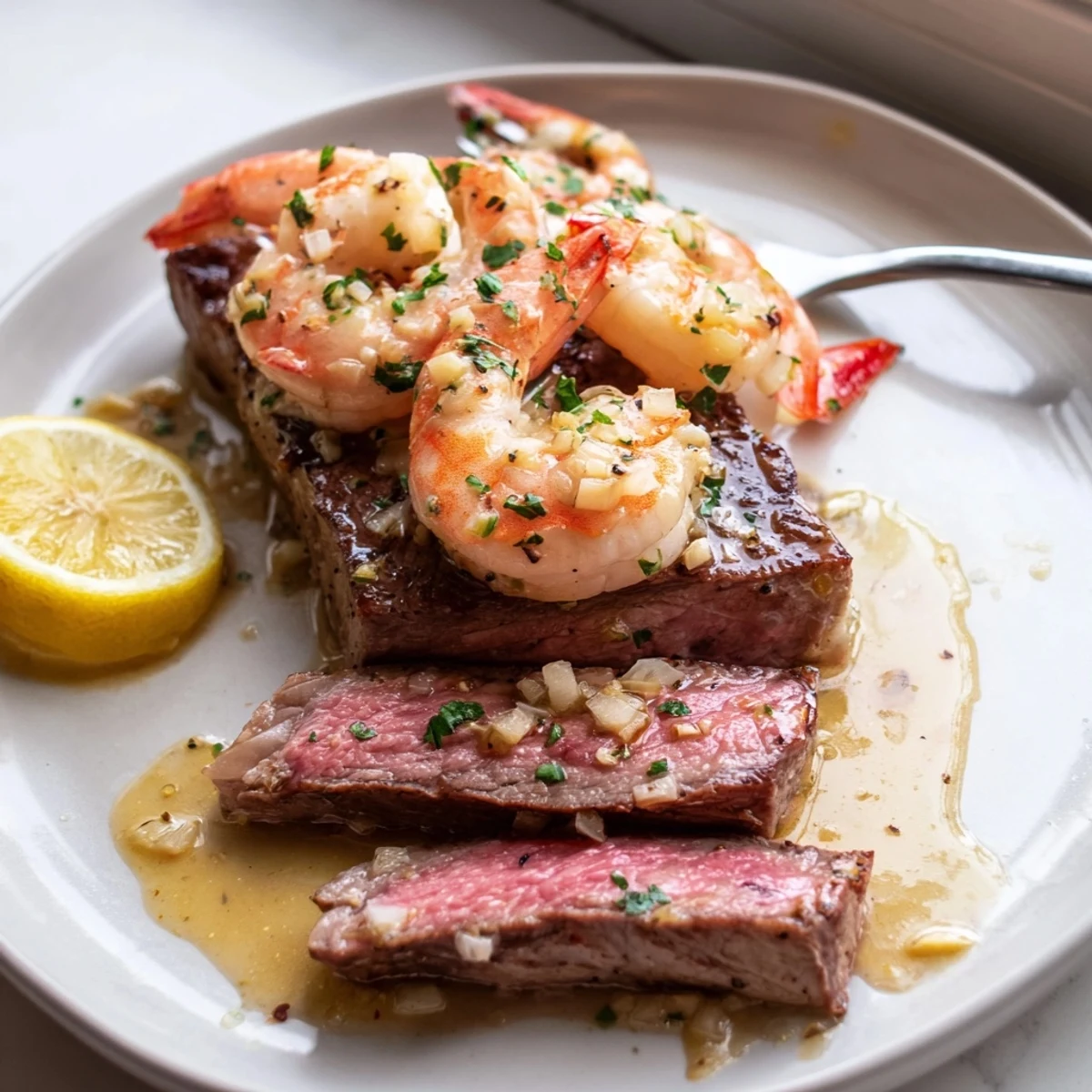 Juicy seared steak and garlic butter shrimp sizzling in a cast iron skillet
